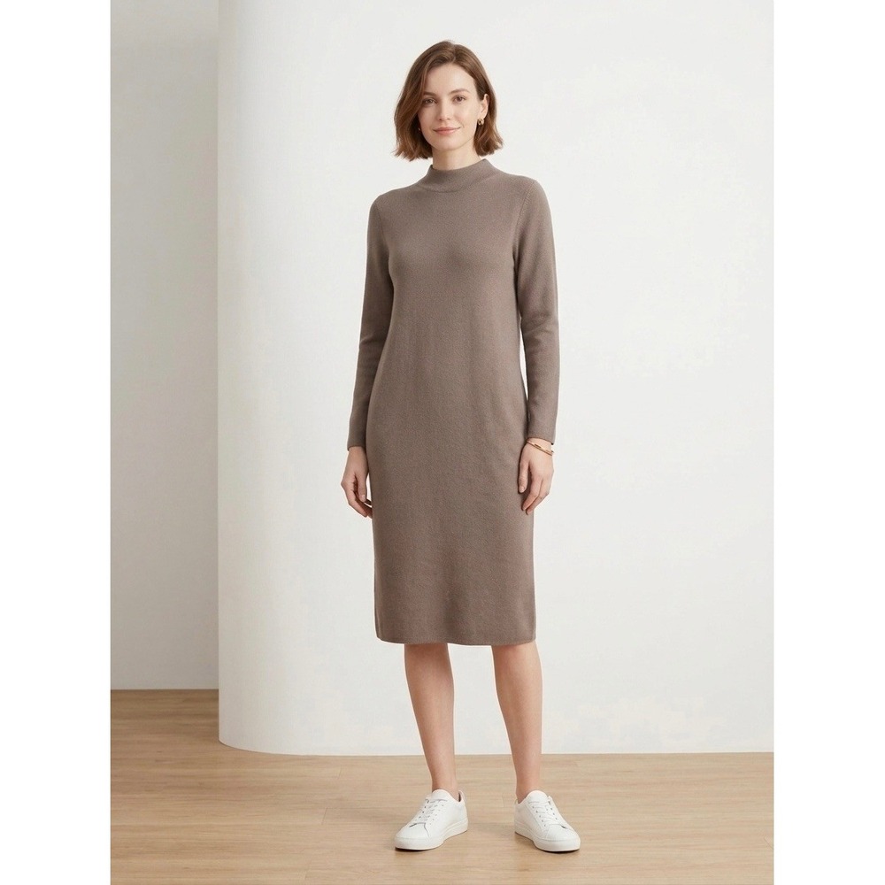 Uniqlo Mock Neck Long Sleeve Knit Sweater Dress Taupe Brown Midi Womens XS